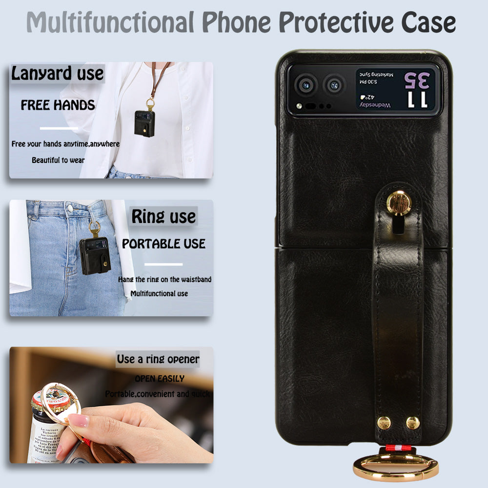 Wristband Phone Cover for Motorola Razr 40 5G , Leather Coating PC+TPU Back Case with Neck Strap - Black