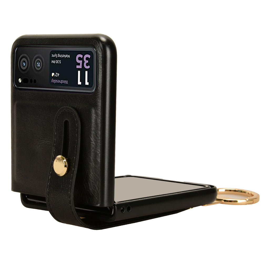 Wristband Phone Cover for Motorola Razr 40 5G , Leather Coating PC+TPU Back Case with Neck Strap - Black