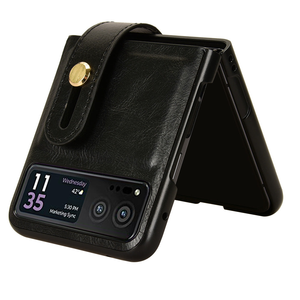 Wristband Phone Cover for Motorola Razr 40 5G , Leather Coating PC+TPU Back Case with Neck Strap - Black