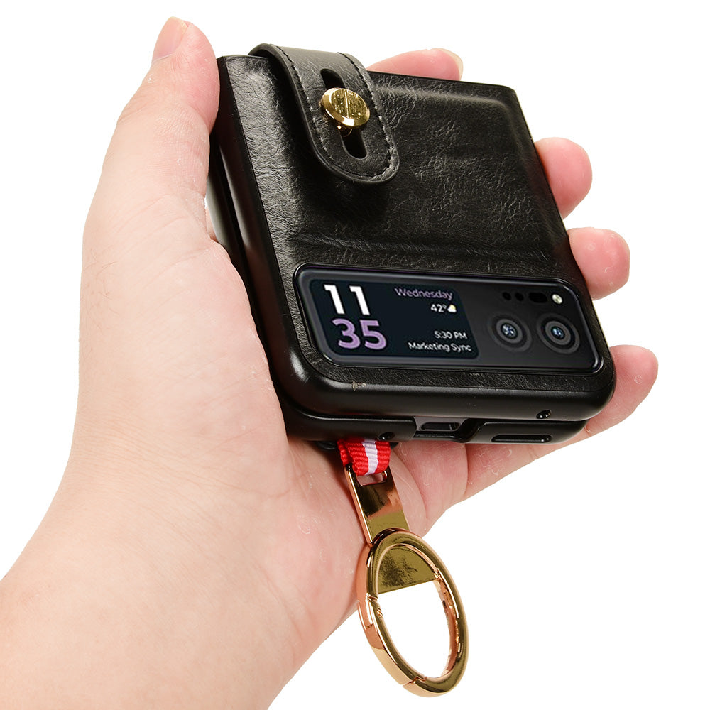 Wristband Phone Cover for Motorola Razr 40 5G , Leather Coating PC+TPU Back Case with Neck Strap - Black