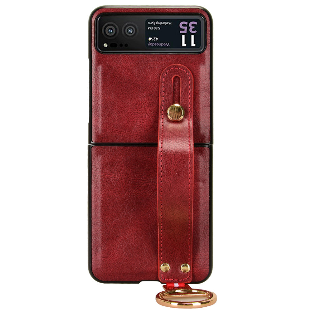 Wristband Phone Cover for Motorola Razr 40 5G , Leather Coating PC+TPU Back Case with Neck Strap - Red