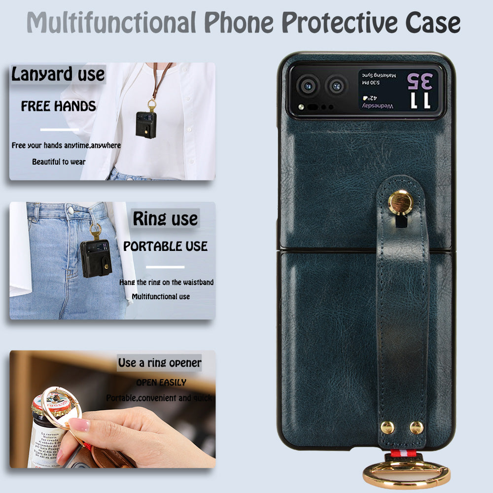 Wristband Phone Cover for Motorola Razr 40 5G , Leather Coating PC+TPU Back Case with Neck Strap - Blue
