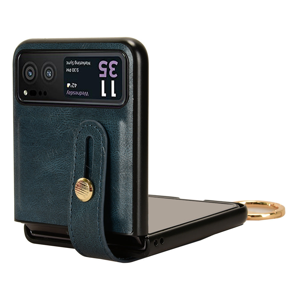 Wristband Phone Cover for Motorola Razr 40 5G , Leather Coating PC+TPU Back Case with Neck Strap - Blue