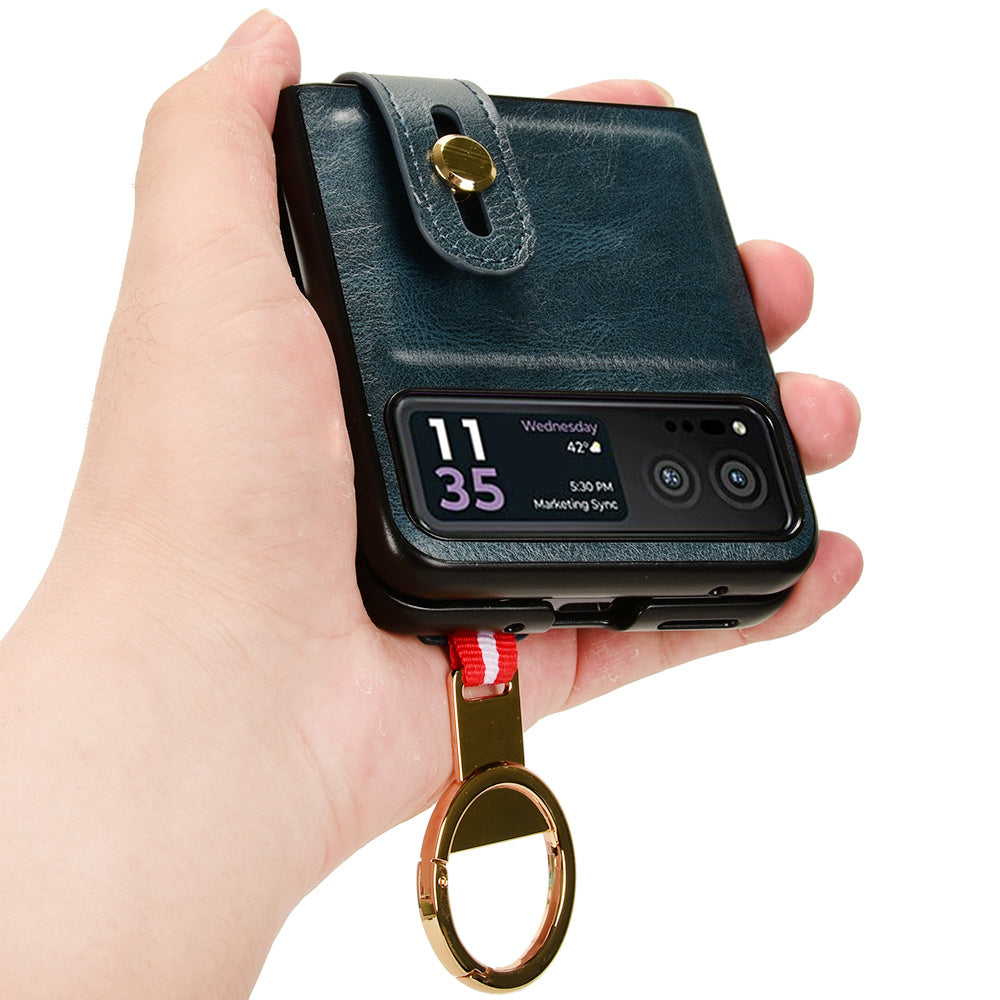 Wristband Phone Cover for Motorola Razr 40 5G , Leather Coating PC+TPU Back Case with Neck Strap - Blue