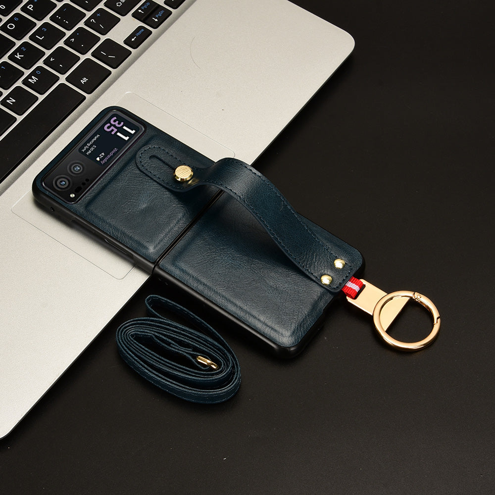 Wristband Phone Cover for Motorola Razr 40 5G , Leather Coating PC+TPU Back Case with Neck Strap - Blue