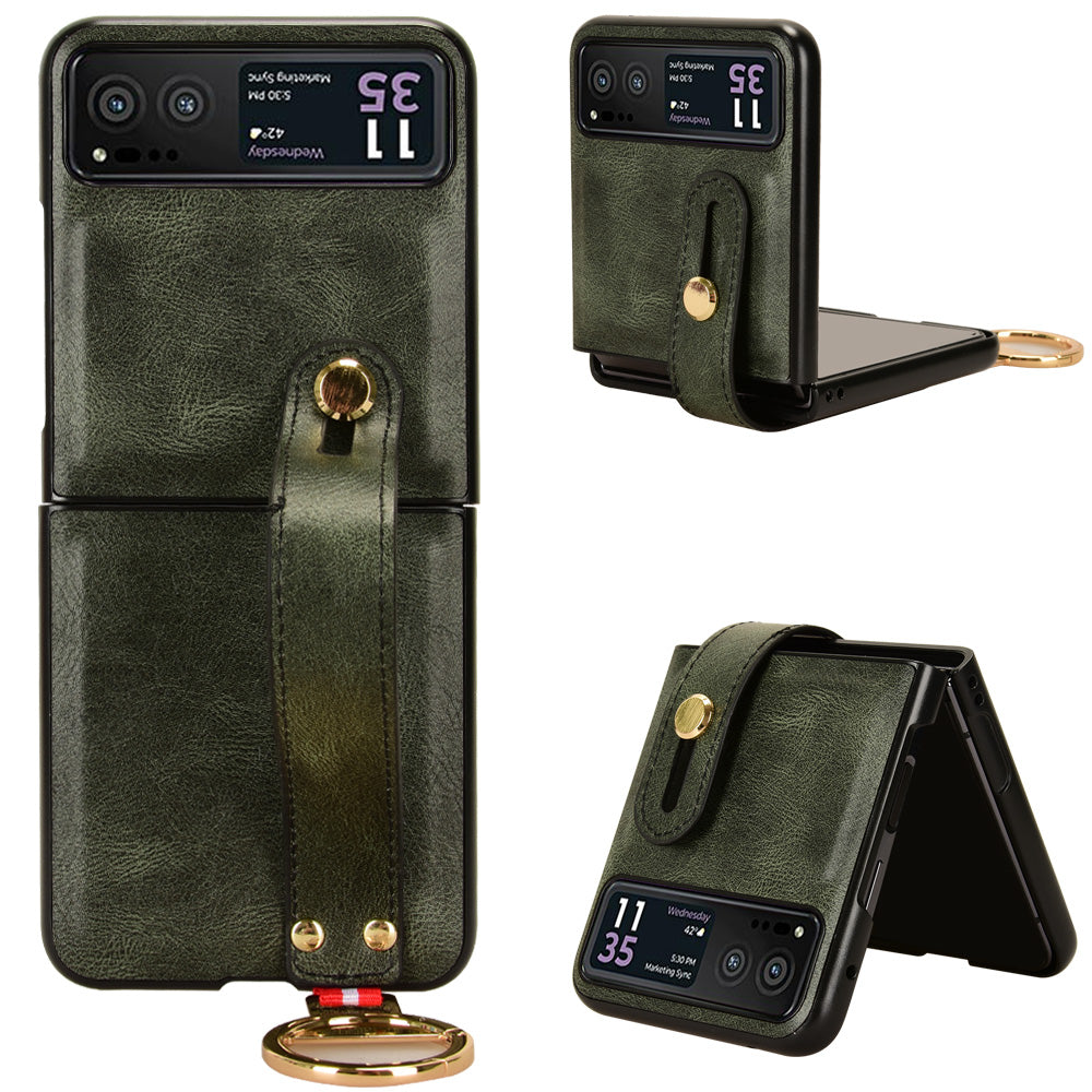 Wristband Phone Cover for Motorola Razr 40 5G , Leather Coating PC+TPU Back Case with Neck Strap - Green