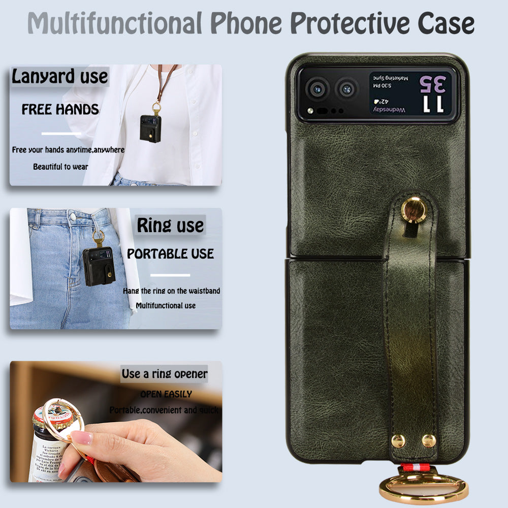 Wristband Phone Cover for Motorola Razr 40 5G , Leather Coating PC+TPU Back Case with Neck Strap - Green