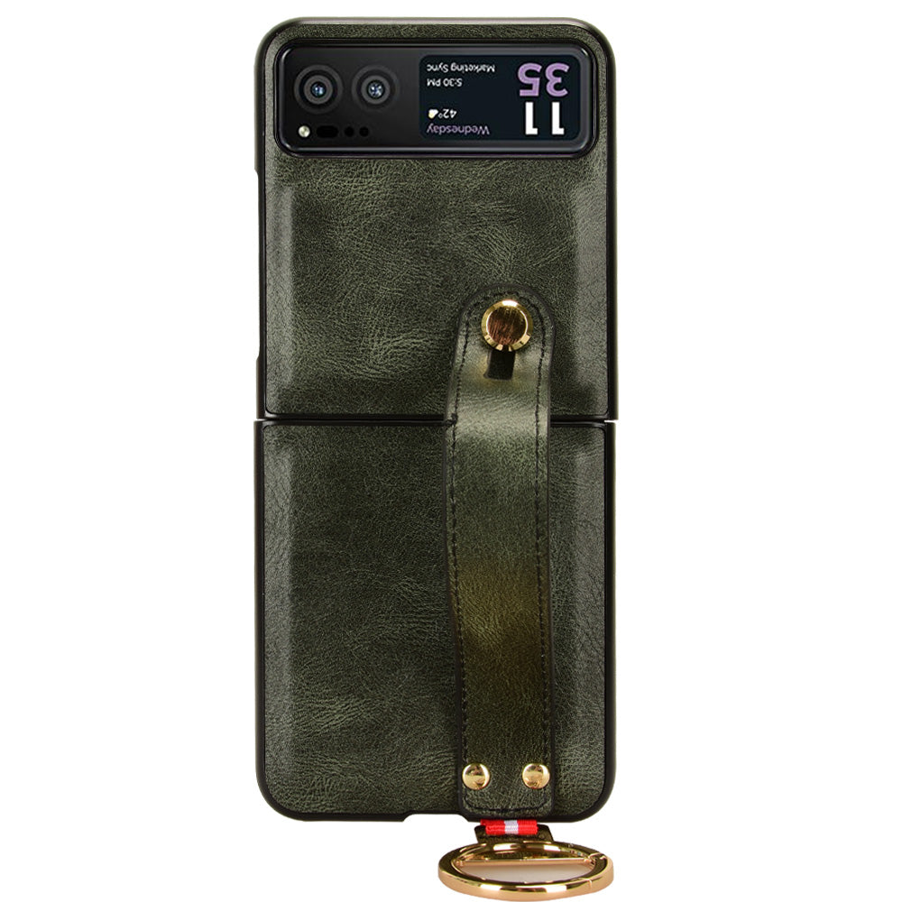 Wristband Phone Cover for Motorola Razr 40 5G , Leather Coating PC+TPU Back Case with Neck Strap - Green