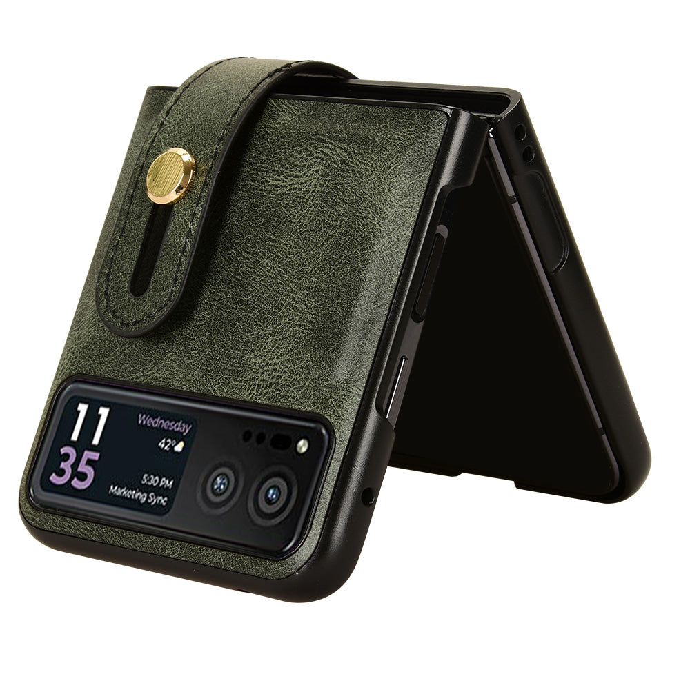 Wristband Phone Cover for Motorola Razr 40 5G , Leather Coating PC+TPU Back Case with Neck Strap - Green