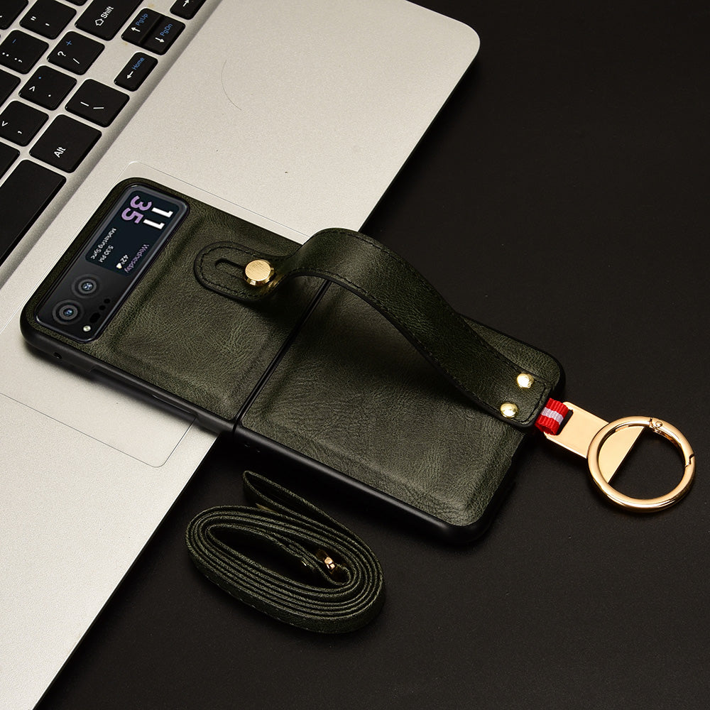 Wristband Phone Cover for Motorola Razr 40 5G , Leather Coating PC+TPU Back Case with Neck Strap - Green