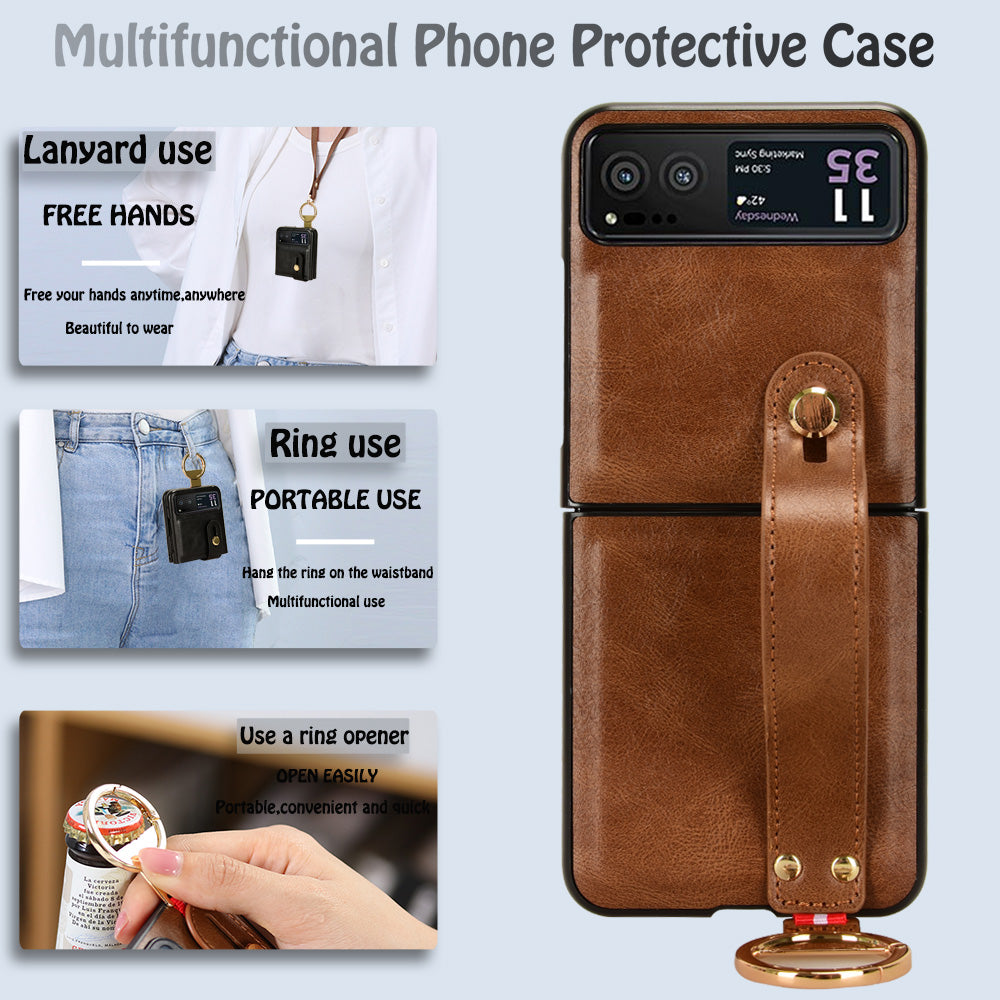 Wristband Phone Cover for Motorola Razr 40 5G , Leather Coating PC+TPU Back Case with Neck Strap - Brown