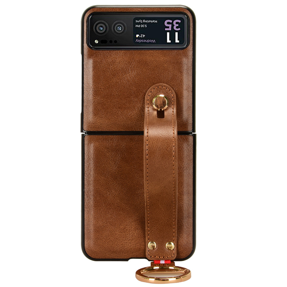 Wristband Phone Cover for Motorola Razr 40 5G , Leather Coating PC+TPU Back Case with Neck Strap - Brown