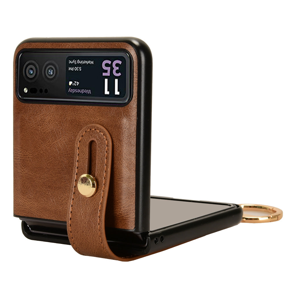 Wristband Phone Cover for Motorola Razr 40 5G , Leather Coating PC+TPU Back Case with Neck Strap - Brown