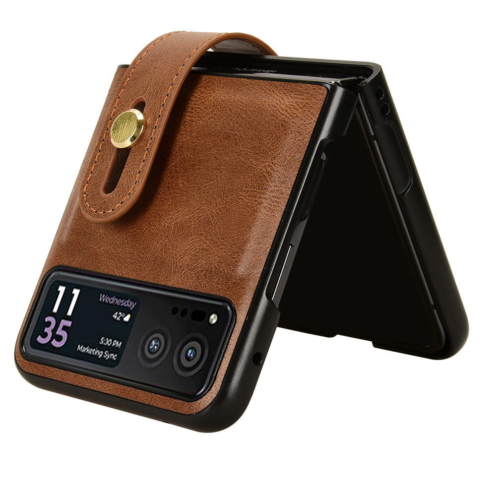 Wristband Phone Cover for Motorola Razr 40 5G , Leather Coating PC+TPU Back Case with Neck Strap - Brown