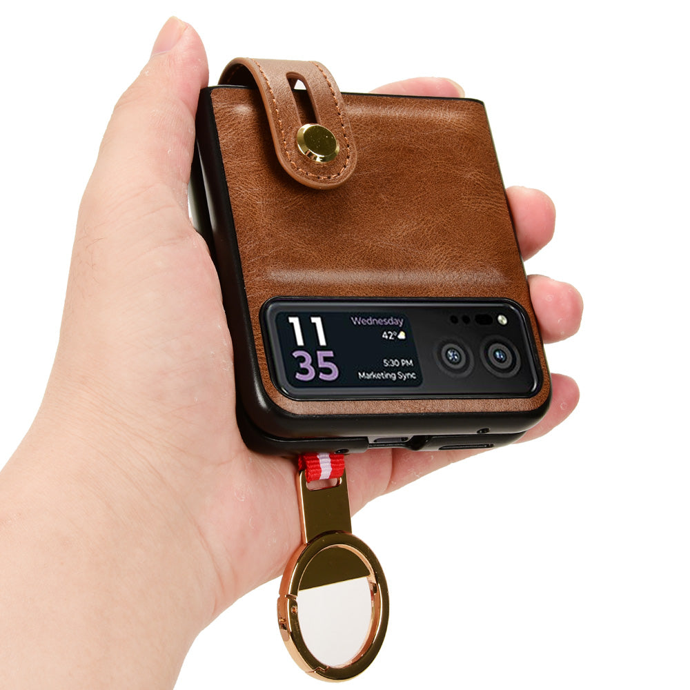 Wristband Phone Cover for Motorola Razr 40 5G , Leather Coating PC+TPU Back Case with Neck Strap - Brown