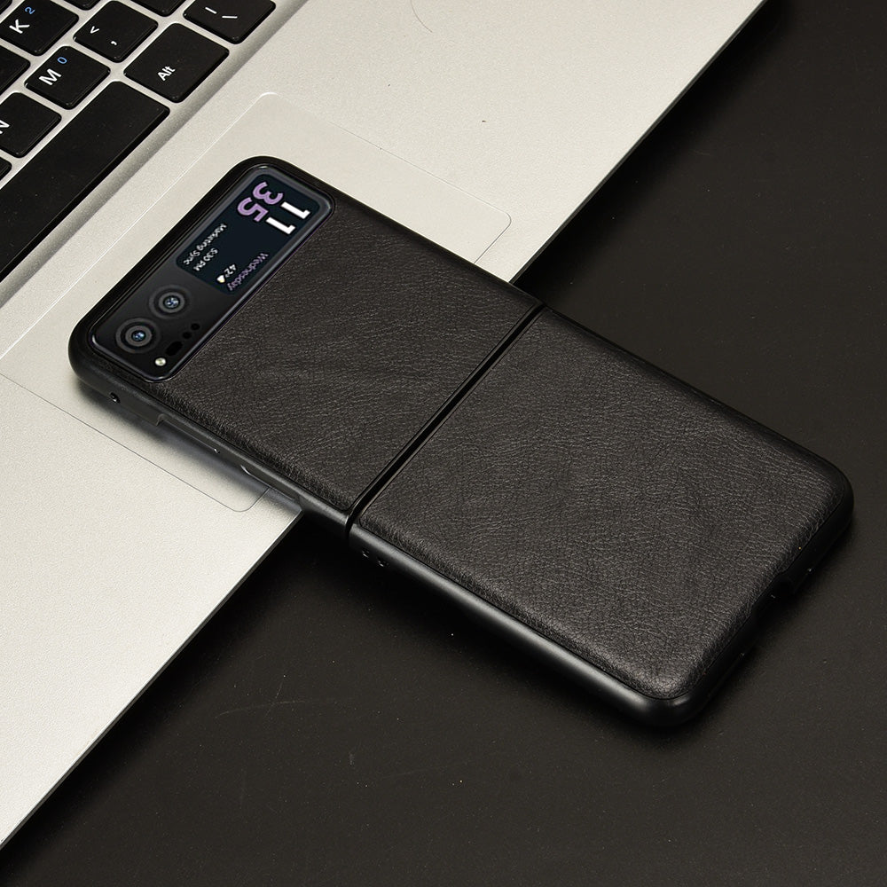 Uniqkart for Motorola Razr 40 5G Phone Back Case PU Leather Coated PC Litchi Texture Protection Phone Cover - Black