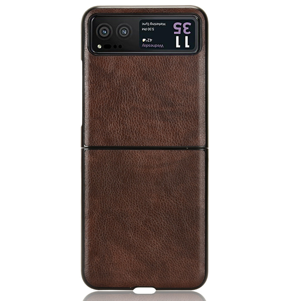 Uniqkart for Motorola Razr 40 5G Phone Back Case PU Leather Coated PC Litchi Texture Protection Phone Cover - Brown