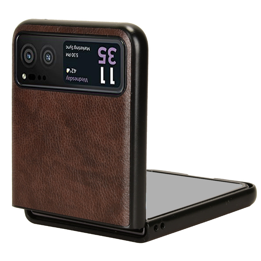 Uniqkart for Motorola Razr 40 5G Phone Back Case PU Leather Coated PC Litchi Texture Protection Phone Cover - Brown