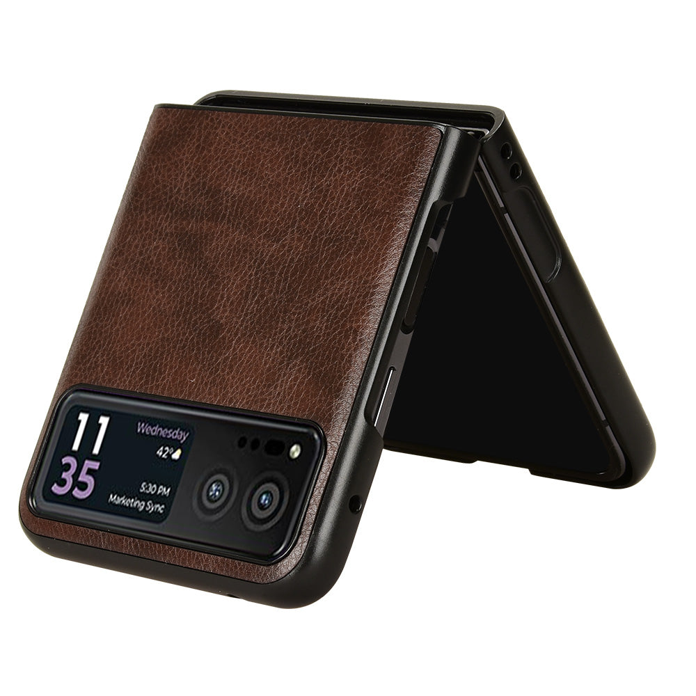 Uniqkart for Motorola Razr 40 5G Phone Back Case PU Leather Coated PC Litchi Texture Protection Phone Cover - Brown