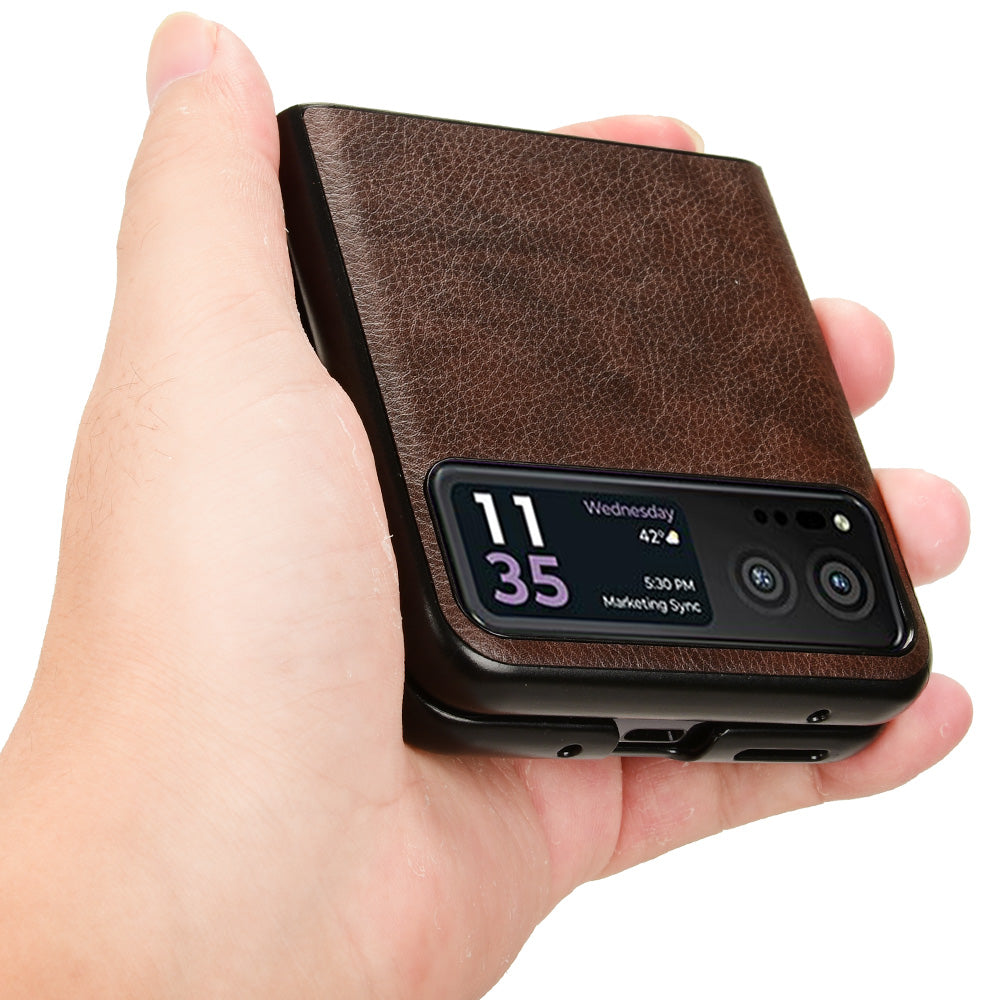 Uniqkart for Motorola Razr 40 5G Phone Back Case PU Leather Coated PC Litchi Texture Protection Phone Cover - Brown