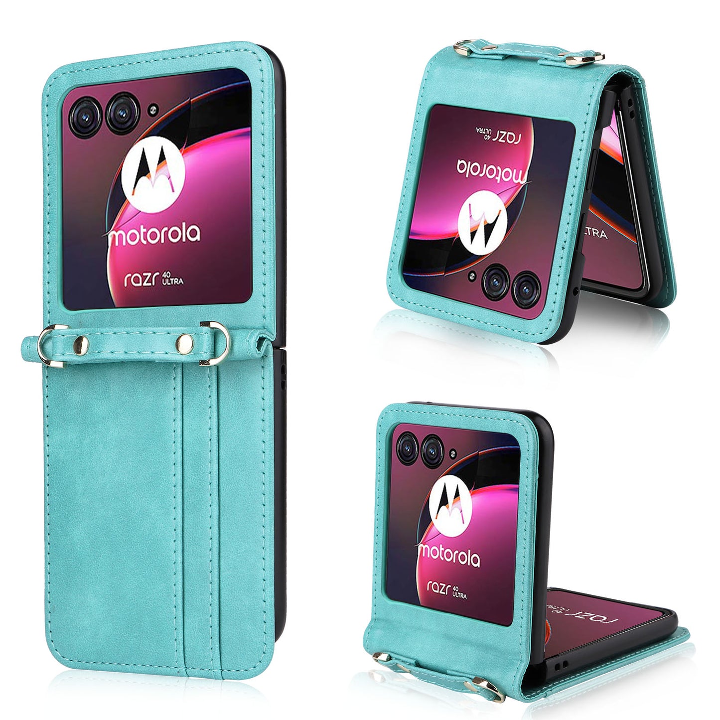 for Motorola Razr 40 Ultra 5G Hard PC + PU Leather Cover One-piece Design Card Slots Phone Case with Lanyard - Green