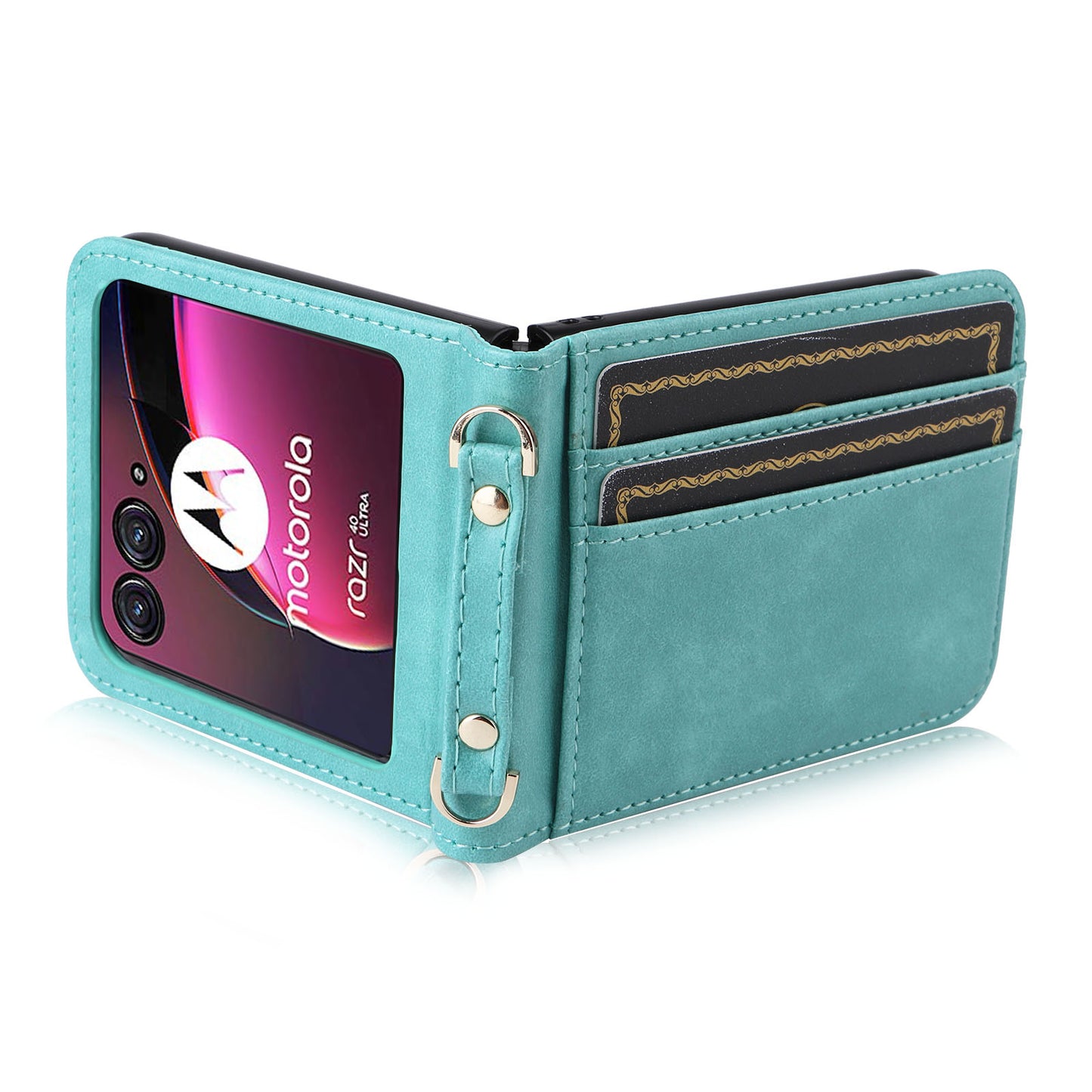 for Motorola Razr 40 Ultra 5G Hard PC + PU Leather Cover One-piece Design Card Slots Phone Case with Lanyard - Green