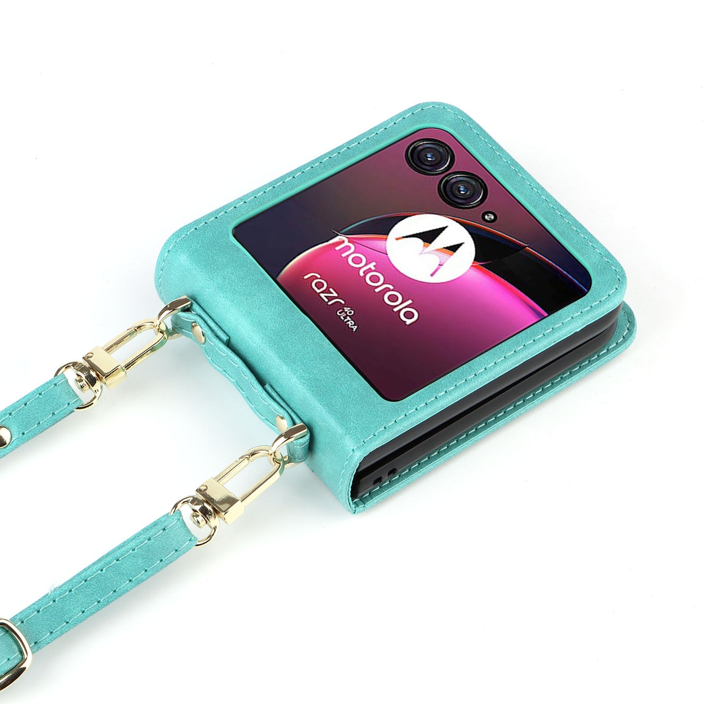 for Motorola Razr 40 Ultra 5G Hard PC + PU Leather Cover One-piece Design Card Slots Phone Case with Lanyard - Green