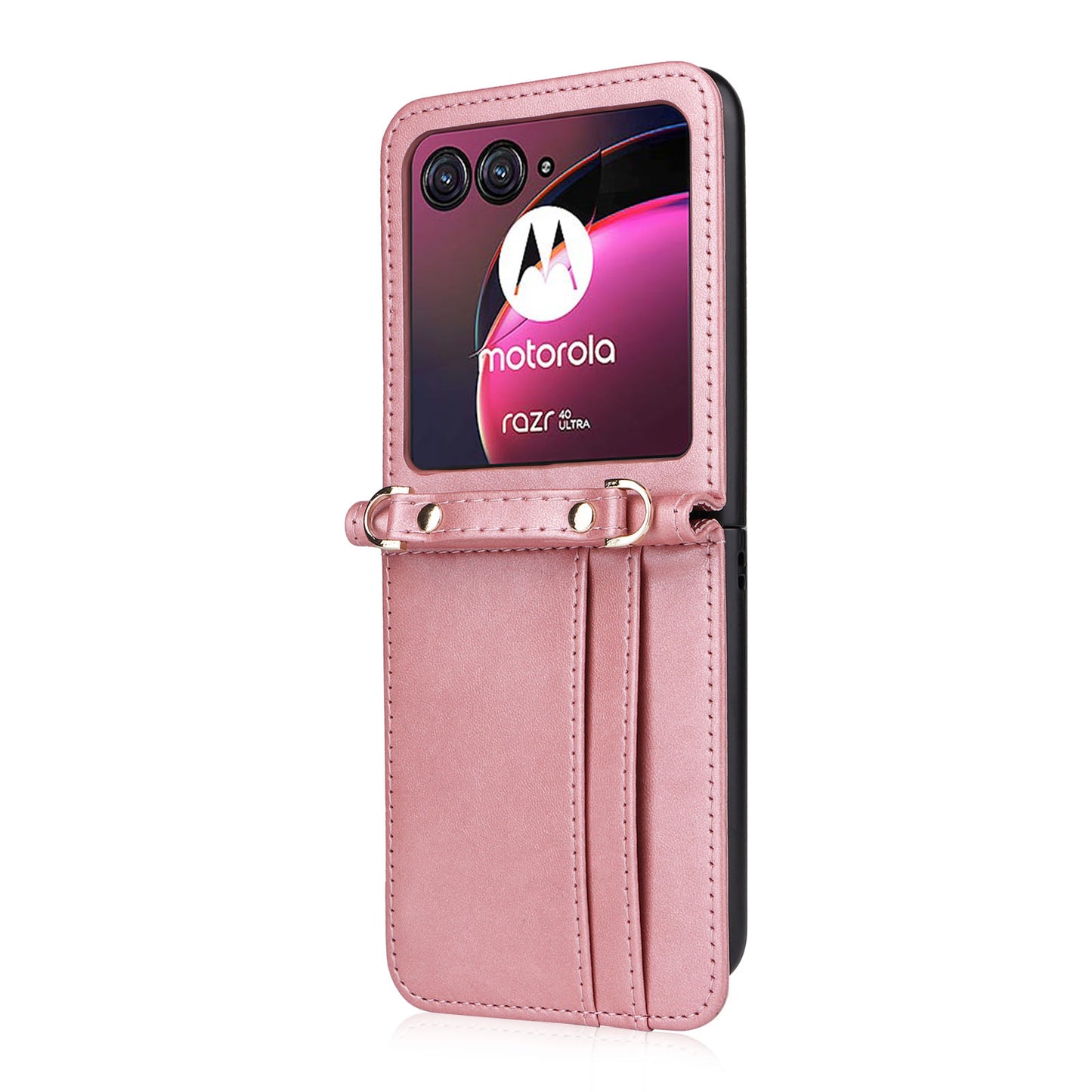 for Motorola Razr 40 Ultra 5G Hard PC + PU Leather Cover One-piece Design Card Slots Phone Case with Lanyard - Pink