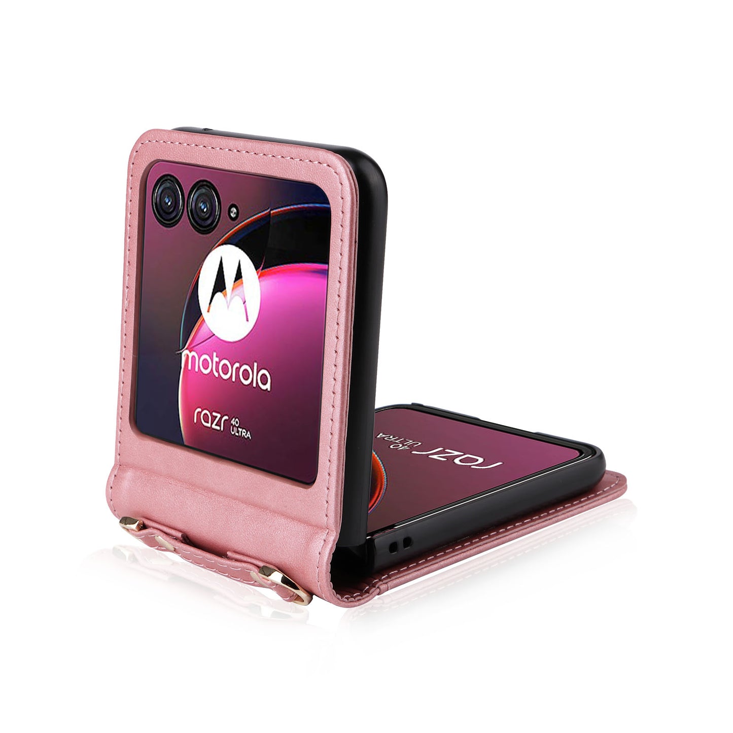 for Motorola Razr 40 Ultra 5G Hard PC + PU Leather Cover One-piece Design Card Slots Phone Case with Lanyard - Pink