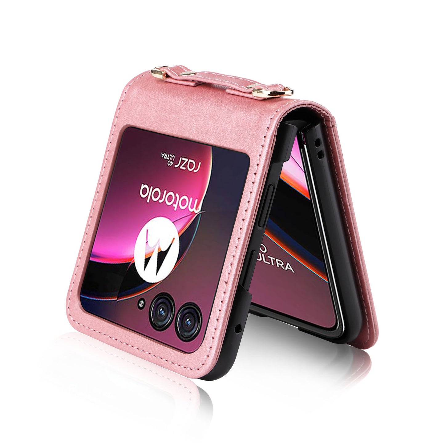 for Motorola Razr 40 Ultra 5G Hard PC + PU Leather Cover One-piece Design Card Slots Phone Case with Lanyard - Pink