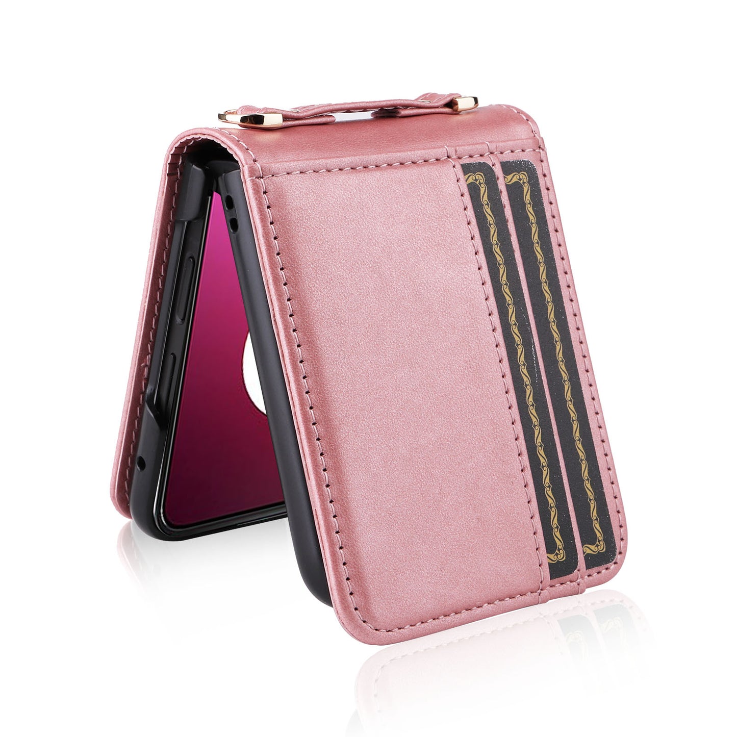for Motorola Razr 40 Ultra 5G Hard PC + PU Leather Cover One-piece Design Card Slots Phone Case with Lanyard - Pink