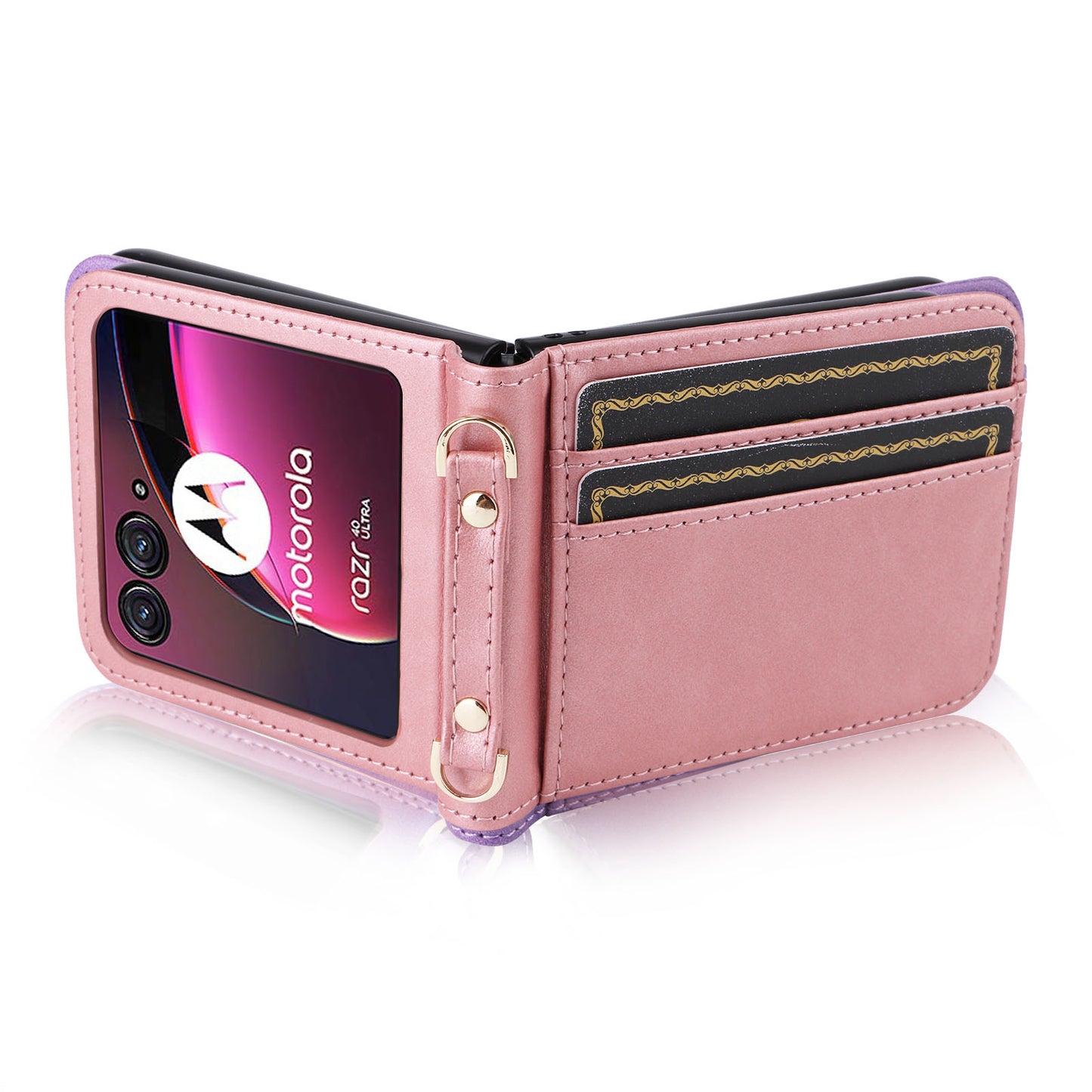 for Motorola Razr 40 Ultra 5G Hard PC + PU Leather Cover One-piece Design Card Slots Phone Case with Lanyard - Pink