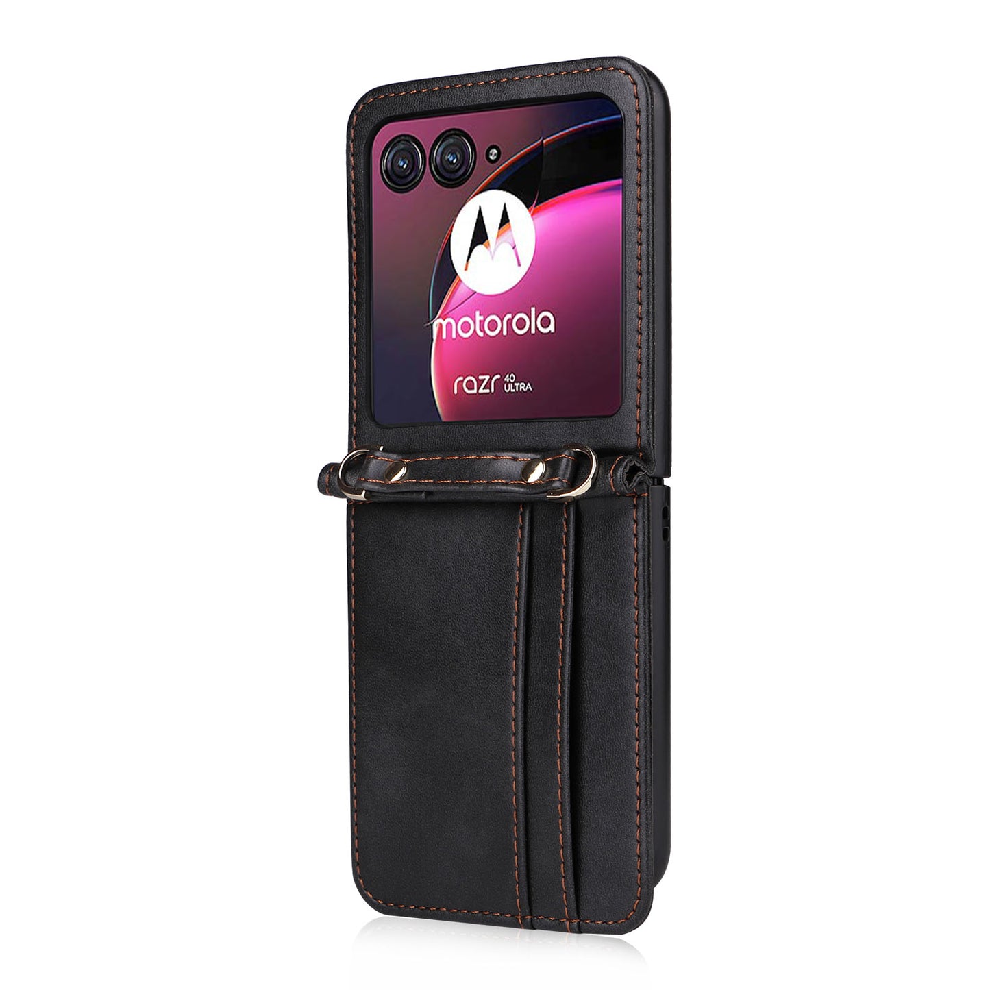 for Motorola Razr 40 Ultra 5G Hard PC + PU Leather Cover One-piece Design Card Slots Phone Case with Lanyard - Black