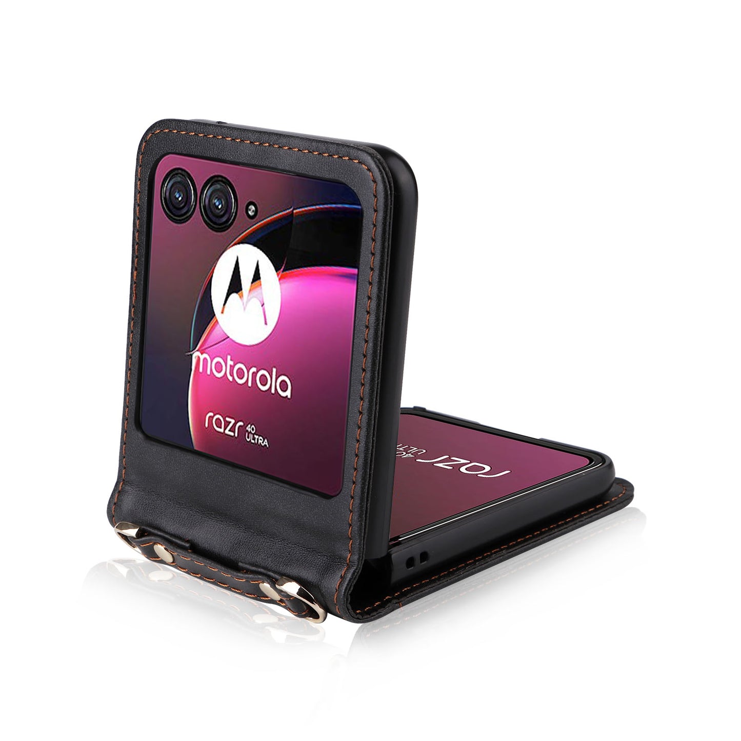 for Motorola Razr 40 Ultra 5G Hard PC + PU Leather Cover One-piece Design Card Slots Phone Case with Lanyard - Black