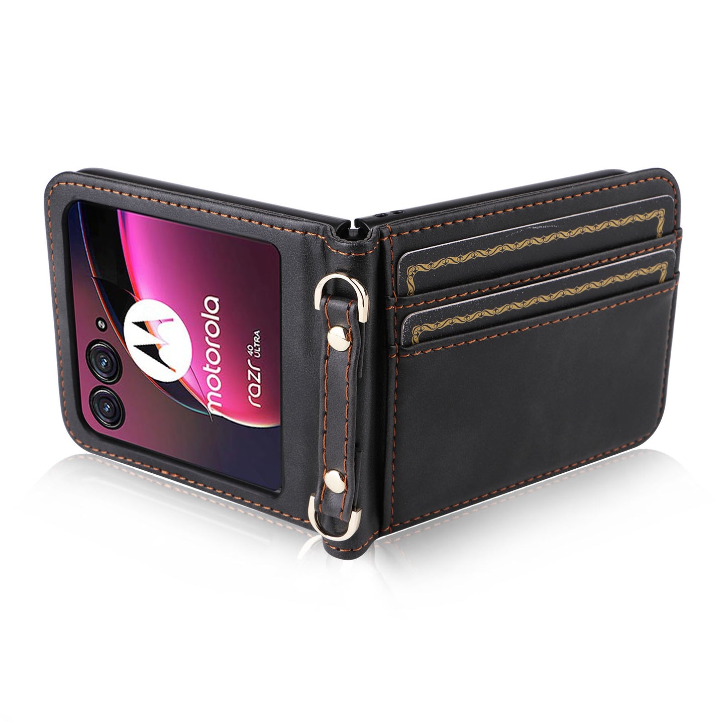 for Motorola Razr 40 Ultra 5G Hard PC + PU Leather Cover One-piece Design Card Slots Phone Case with Lanyard - Black