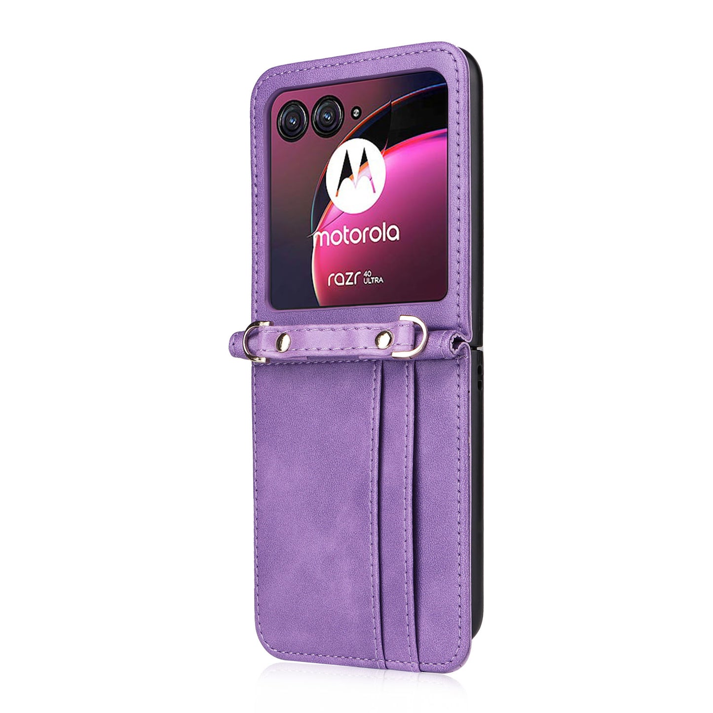 for Motorola Razr 40 Ultra 5G Hard PC + PU Leather Cover One-piece Design Card Slots Phone Case with Lanyard - Purple