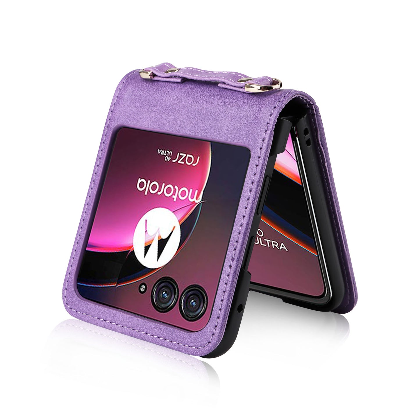 for Motorola Razr 40 Ultra 5G Hard PC + PU Leather Cover One-piece Design Card Slots Phone Case with Lanyard - Purple