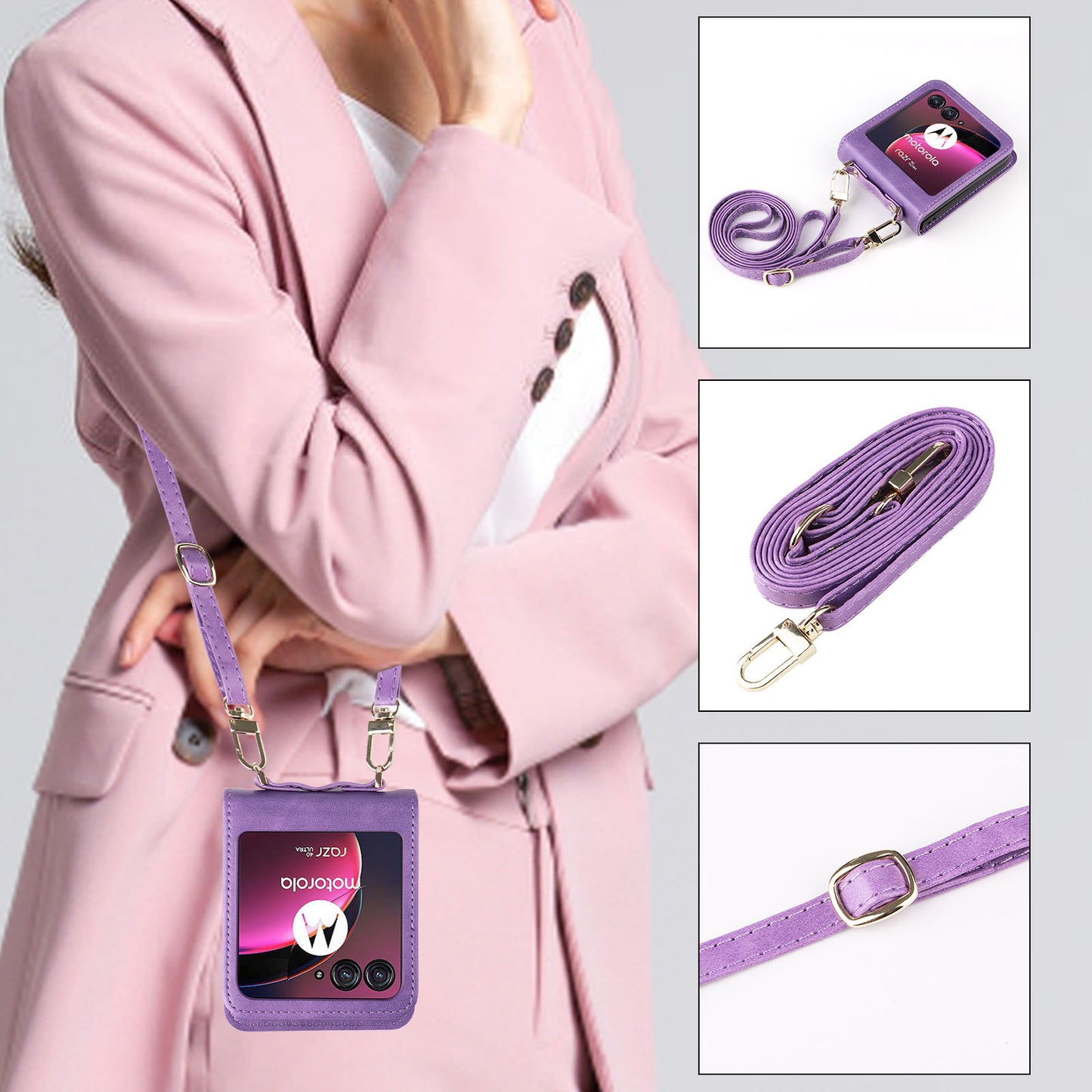 for Motorola Razr 40 Ultra 5G Hard PC + PU Leather Cover One-piece Design Card Slots Phone Case with Lanyard - Purple