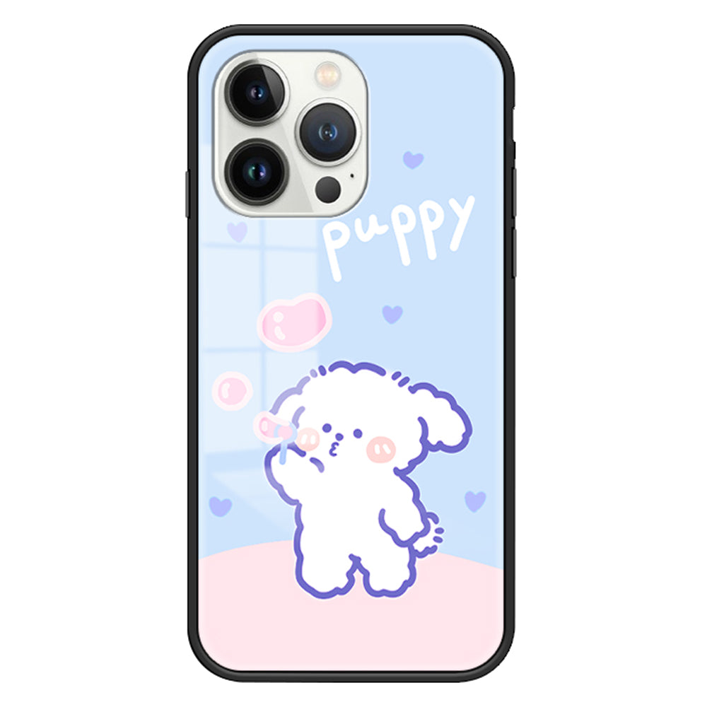 Uniqkart for iPhone 15 Pro Pattern Printing Phone Cover Tempered Glass+PC+TPU Protective Shell - Bubble Dog