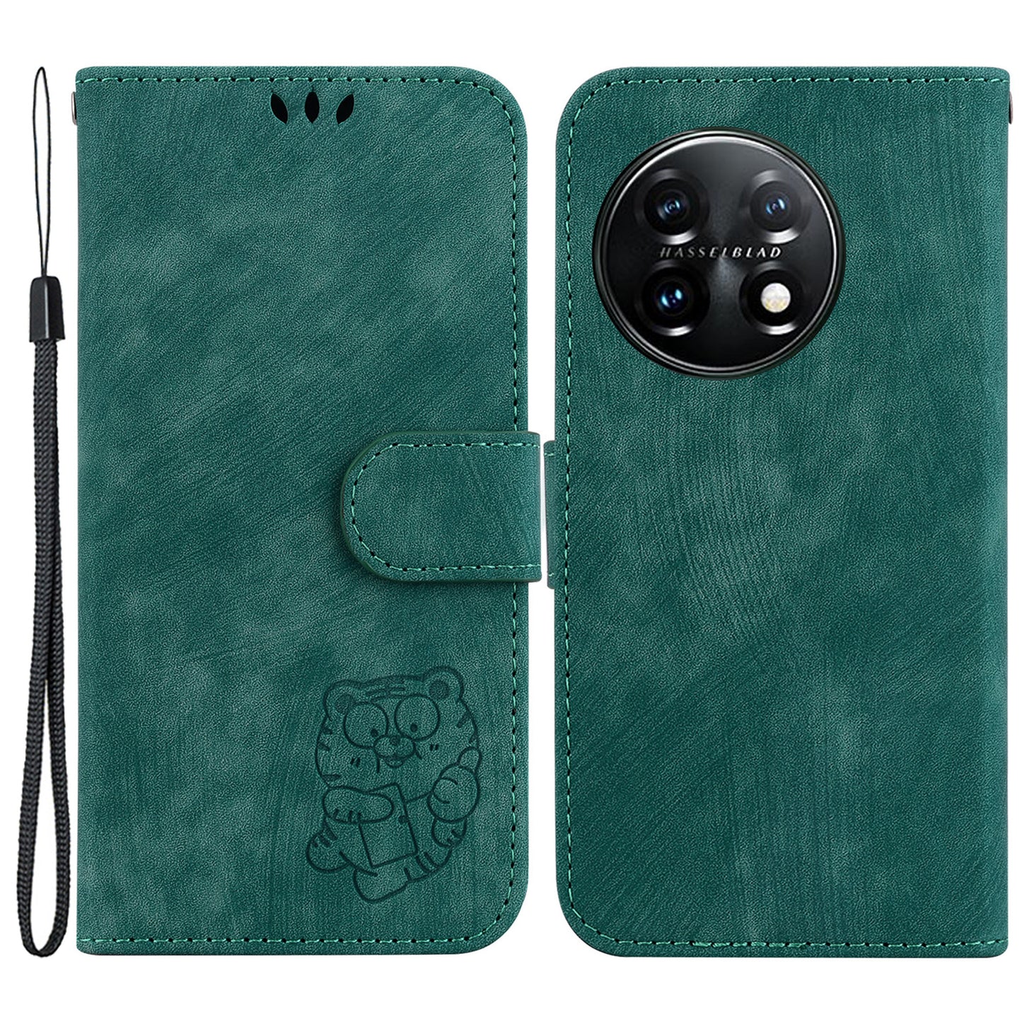 For OnePlus 11 5G PU Leather Folio Flip Case Tiger Pattern Imprinted Stand Wallet Phone Cover - Green