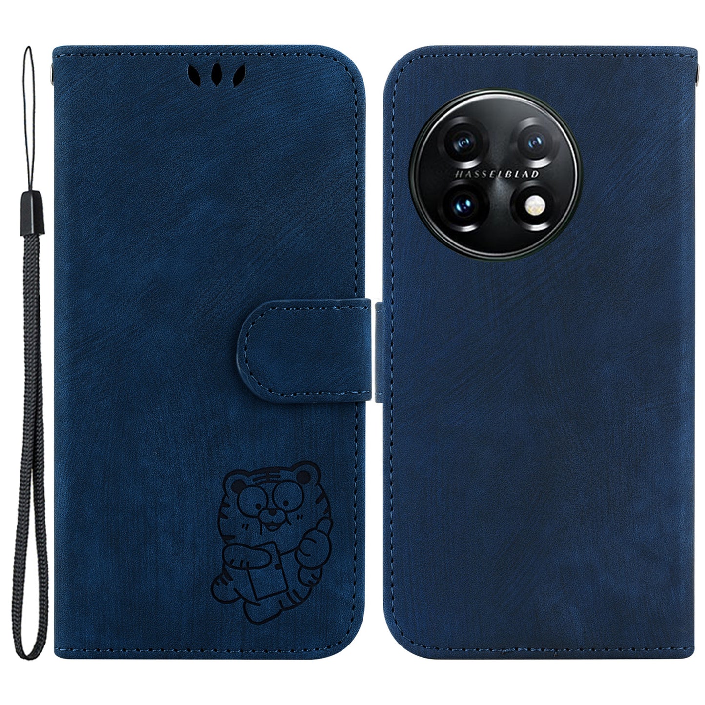 For OnePlus 11 5G PU Leather Folio Flip Case Tiger Pattern Imprinted Stand Wallet Phone Cover - Dark Blue