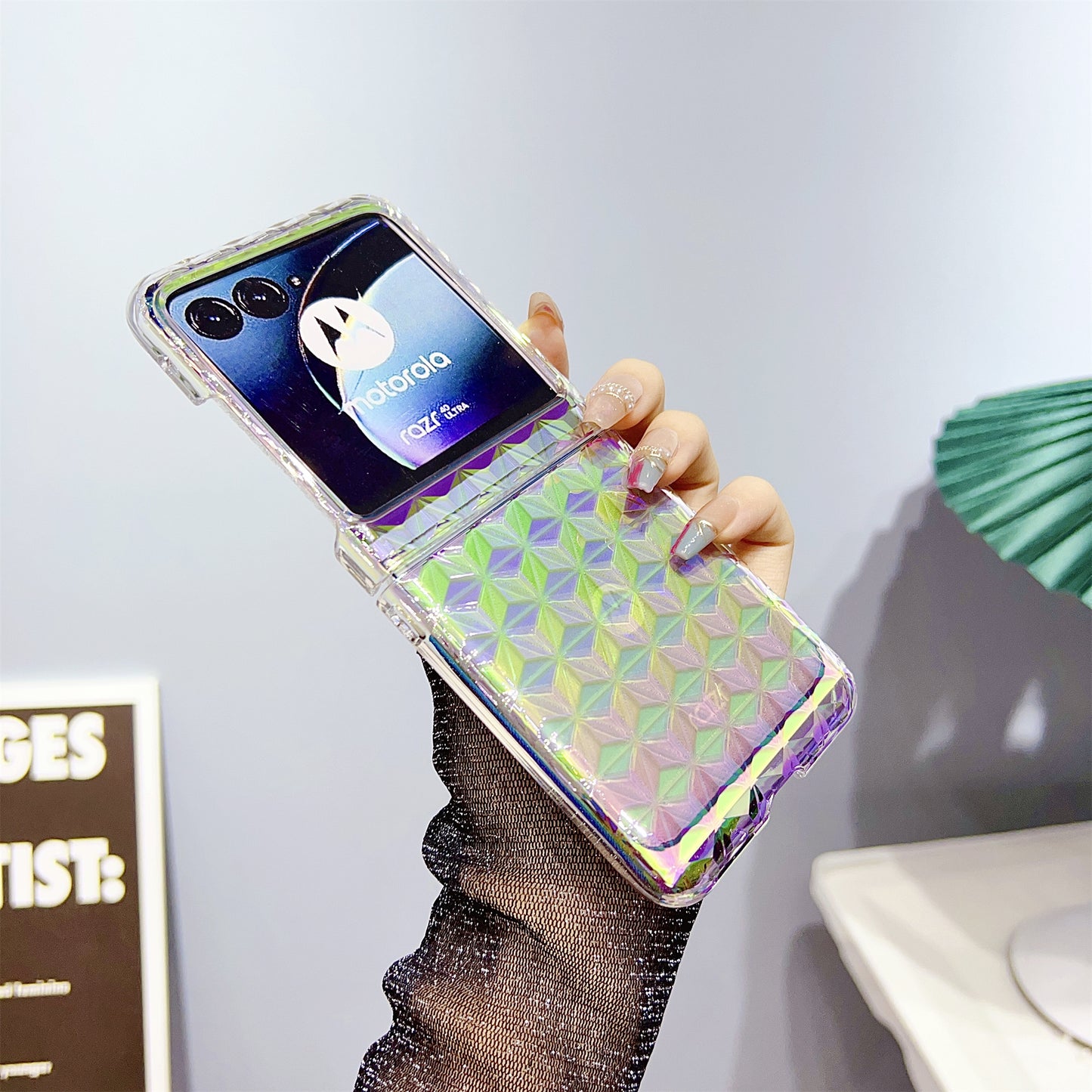 Hard PC Folding Phone Case for Motorola Razr 40 Ultra 5G , Diamond Texture Electroplating Phone Cover - Green