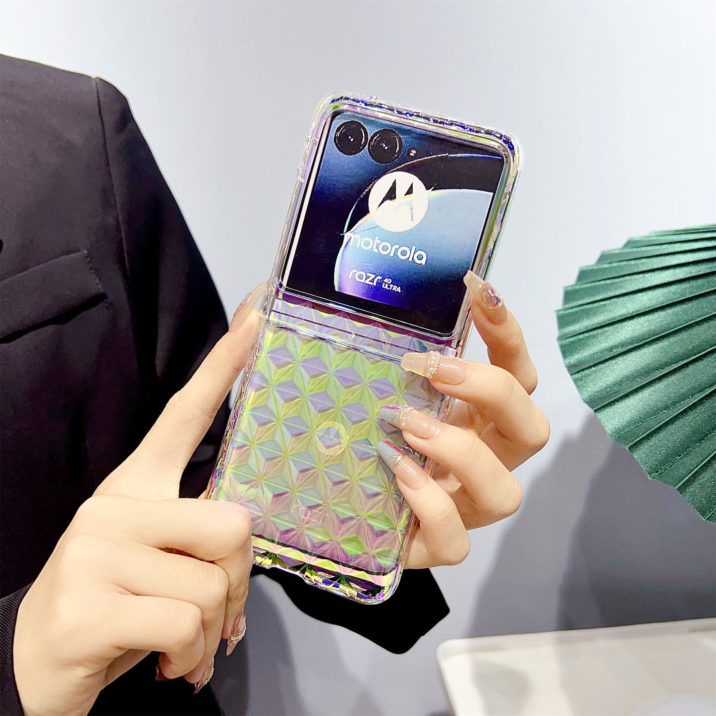 Hard PC Folding Phone Case for Motorola Razr 40 Ultra 5G , Diamond Texture Electroplating Phone Cover - Green