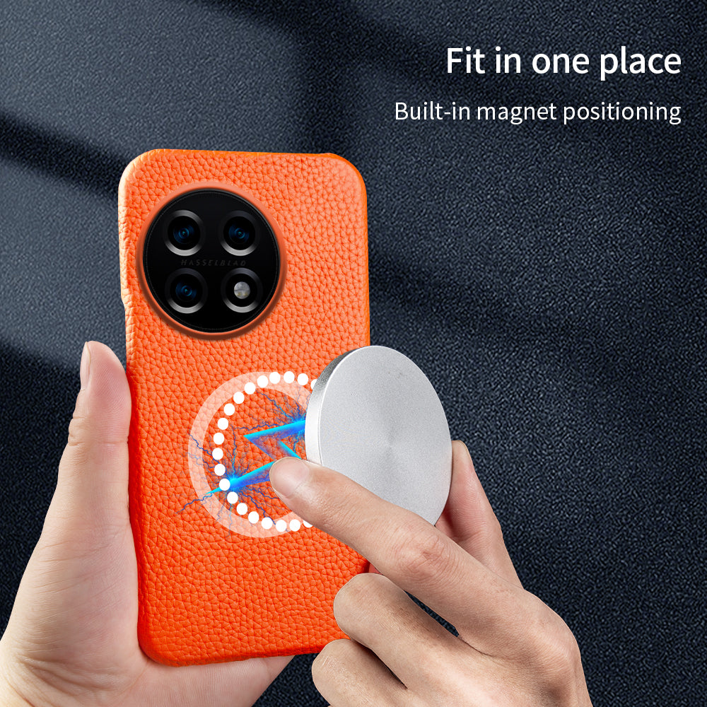 For OnePlus 11 5G Fall Proof Phone Cover Genuine Cow Leather Coated PC Case Compatible with MagSafe - Orange