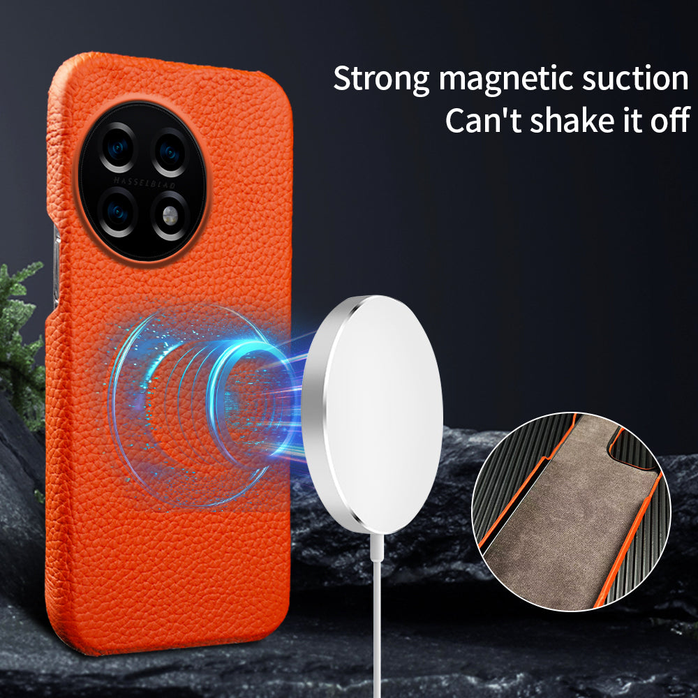 For OnePlus 11 5G Fall Proof Phone Cover Genuine Cow Leather Coated PC Case Compatible with MagSafe - Orange