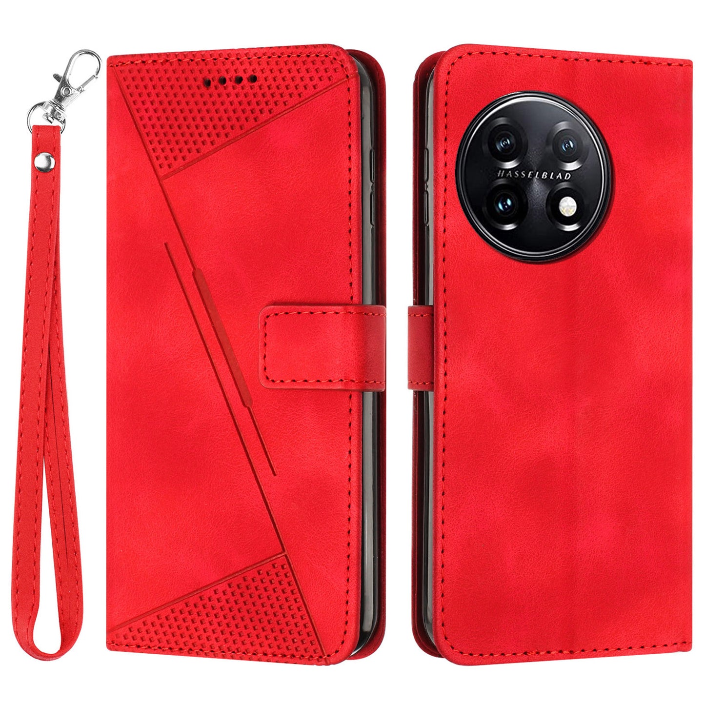Triangle Imprinted Wallet Phone Case for OnePlus 11 5G , Stand PU Leather Anti-drop Cover - Red