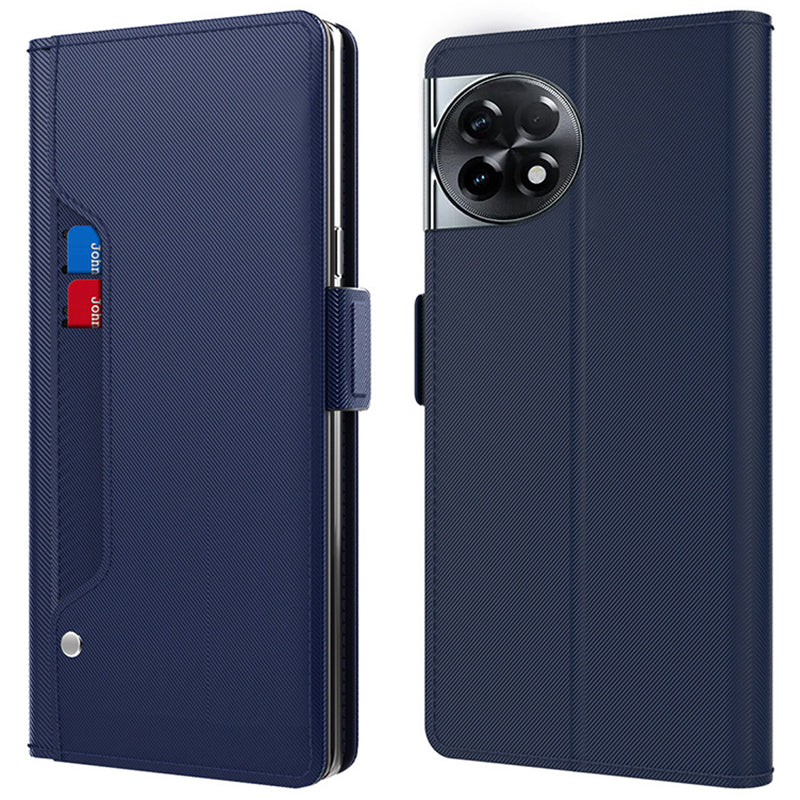 For OnePlus Ace 2 5G / 11R 5G Dustproof Shell Card Slot and Mirror PU Leather Cover Stand Phone Case - Blue