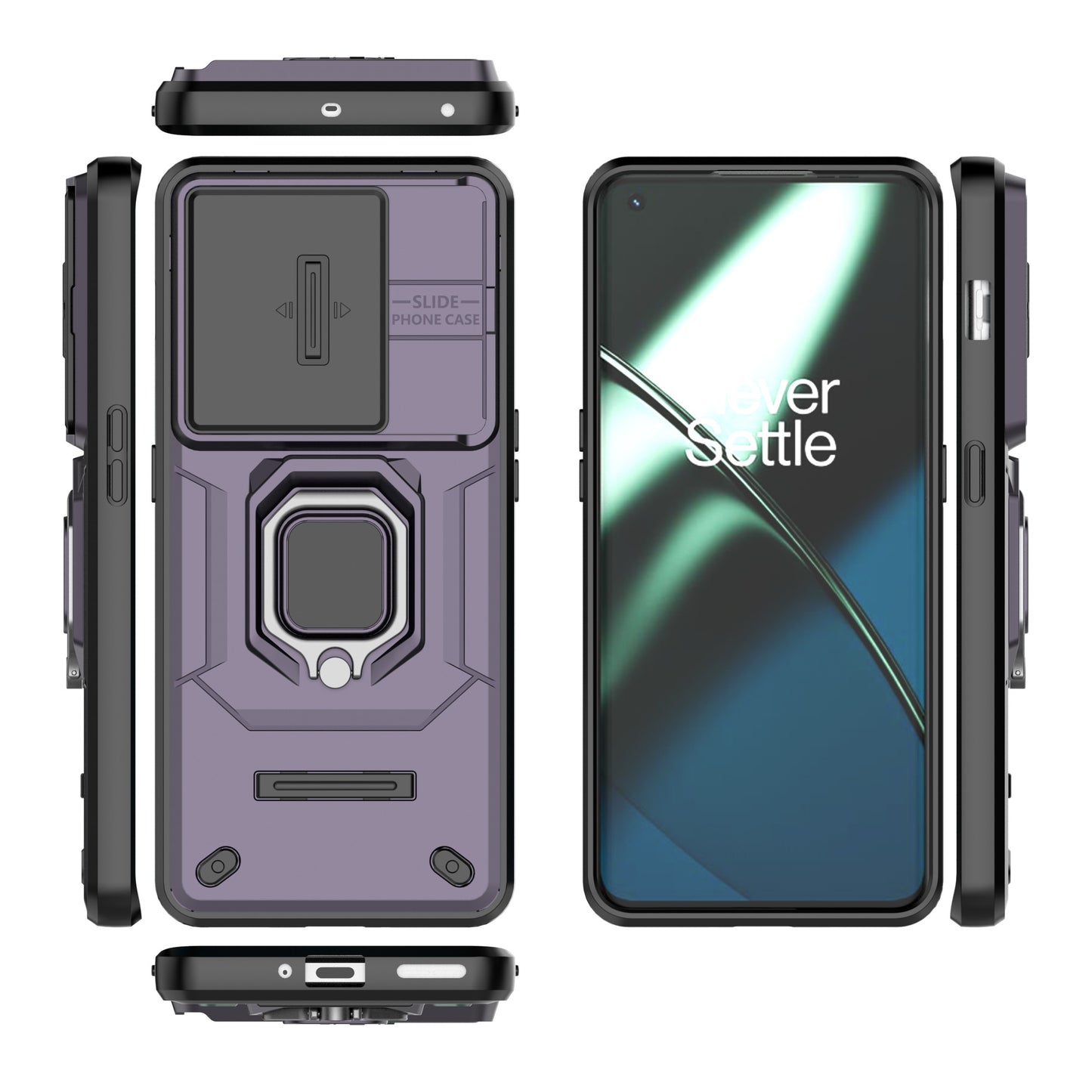 For OnePlus 11 5G Case Slide Lens Shield Ring Kickstand PC+TPU Phone Cover - Purple
