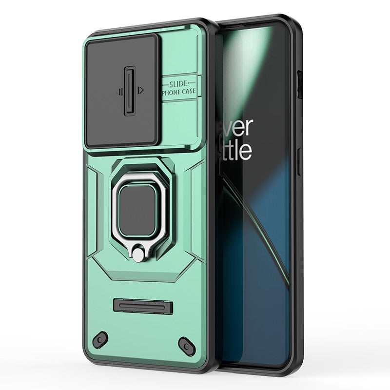 For OnePlus 11 5G Case Slide Lens Shield Ring Kickstand PC+TPU Phone Cover - Green
