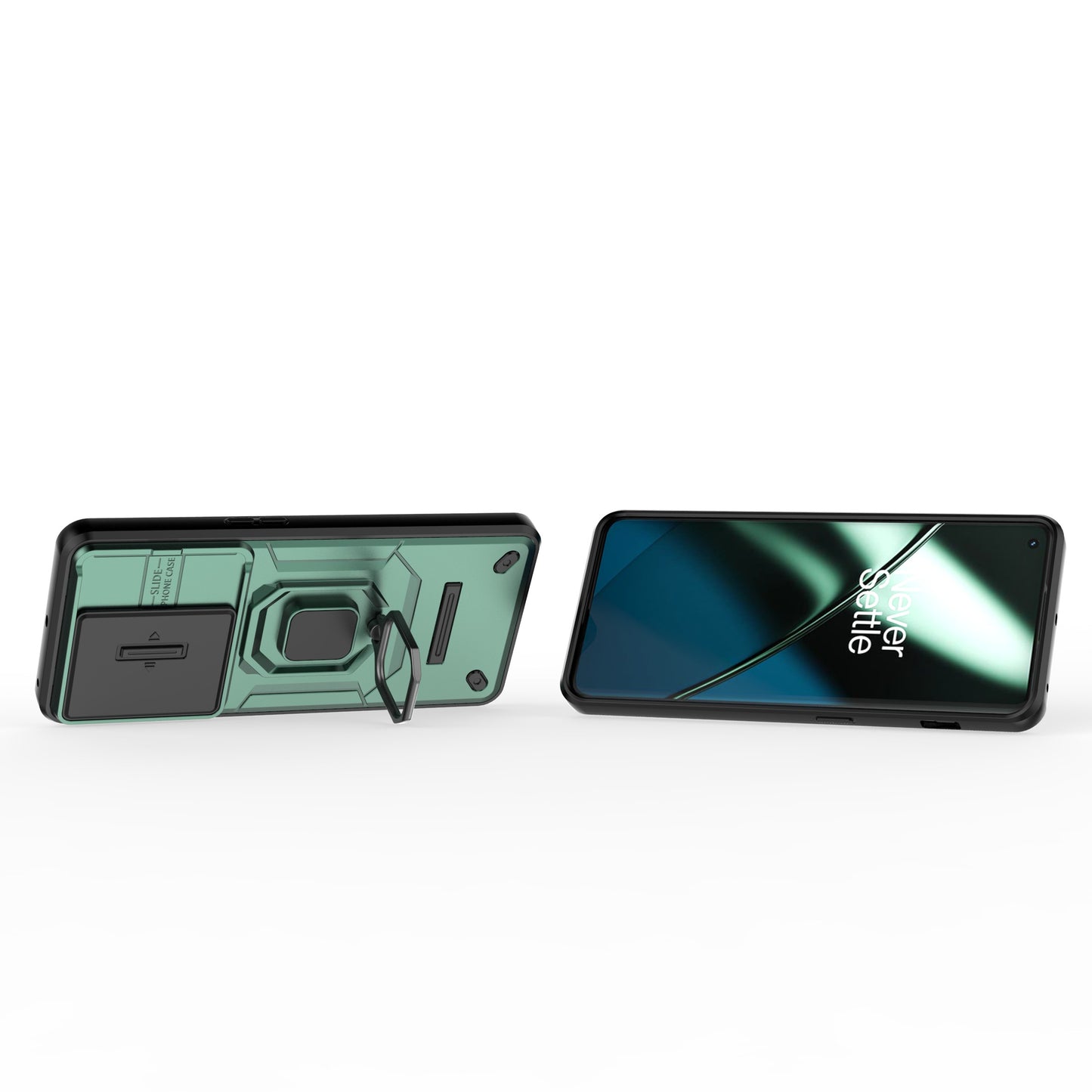For OnePlus 11 5G Case Slide Lens Shield Ring Kickstand PC+TPU Phone Cover - Green